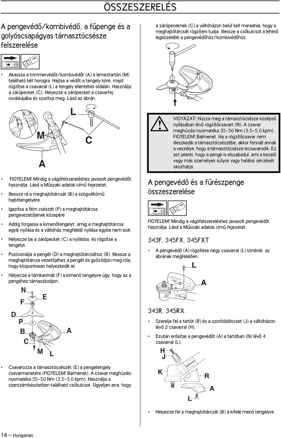 Hajtsa a védœt a tengely köré, majd rögzítse a csavarral (L) a tengely ellentétes oldalán. Használja a zárópecket (C). Helyezze a zárópecket a csavarfej rovátkájába és szorítsa meg. Lásd az ábrán.