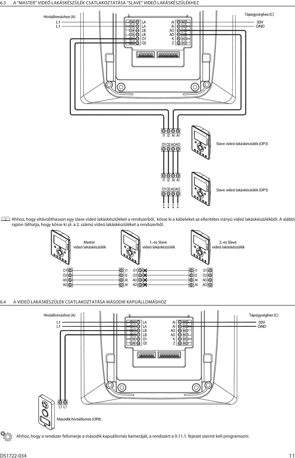 A alábbi rajzon láthatja, hogy kösse ki pl. a. számú videó lakáskészüléket a rendszerből. Master videó lakáskészülék 1.-es Slave videó lakáskészülék.