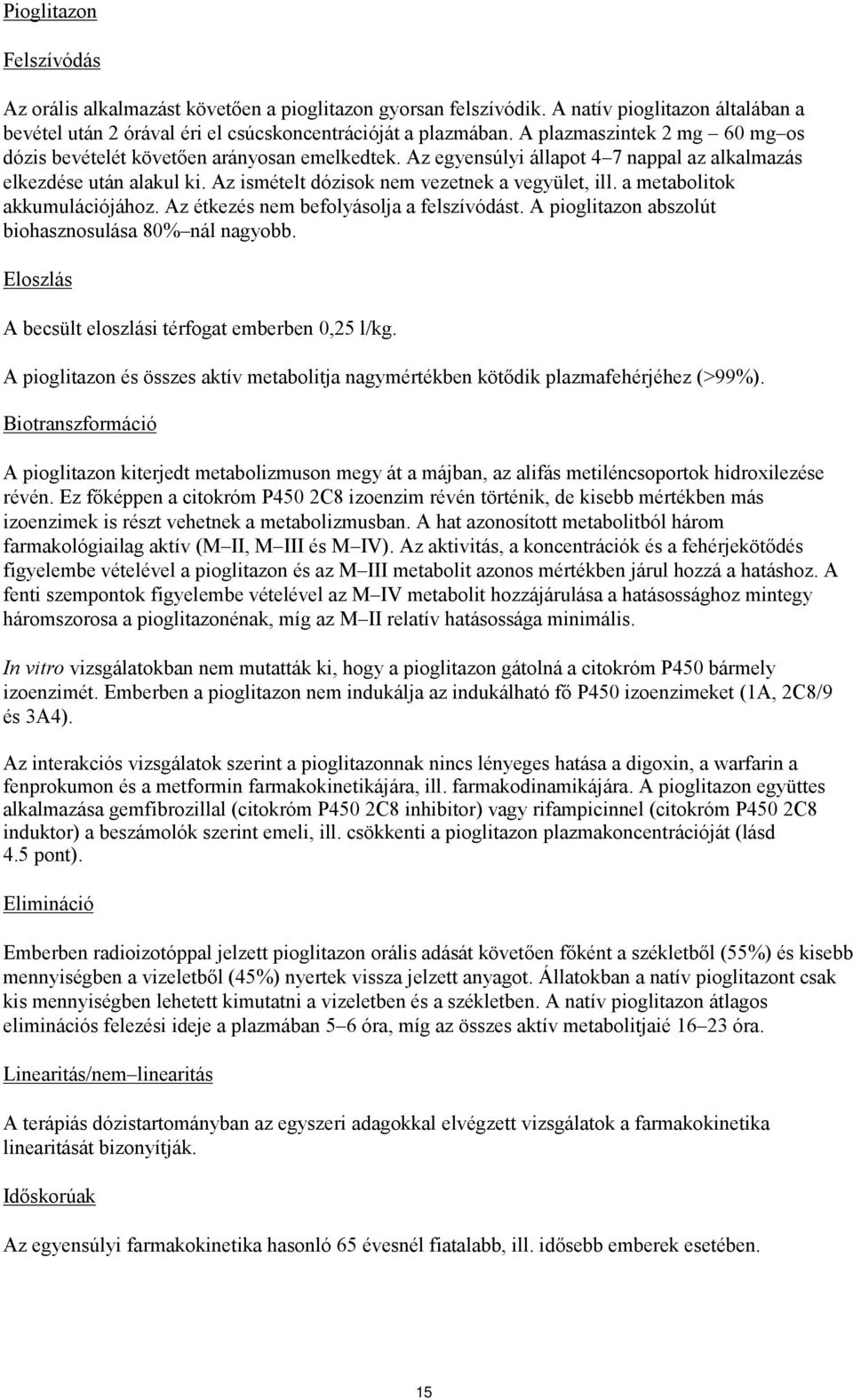 a metabolitok akkumulációjához. Az étkezés nem befolyásolja a felszívódást. A pioglitazon abszolút biohasznosulása 80% nál nagyobb. Eloszlás A becsült eloszlási térfogat emberben 0,25 l/kg.