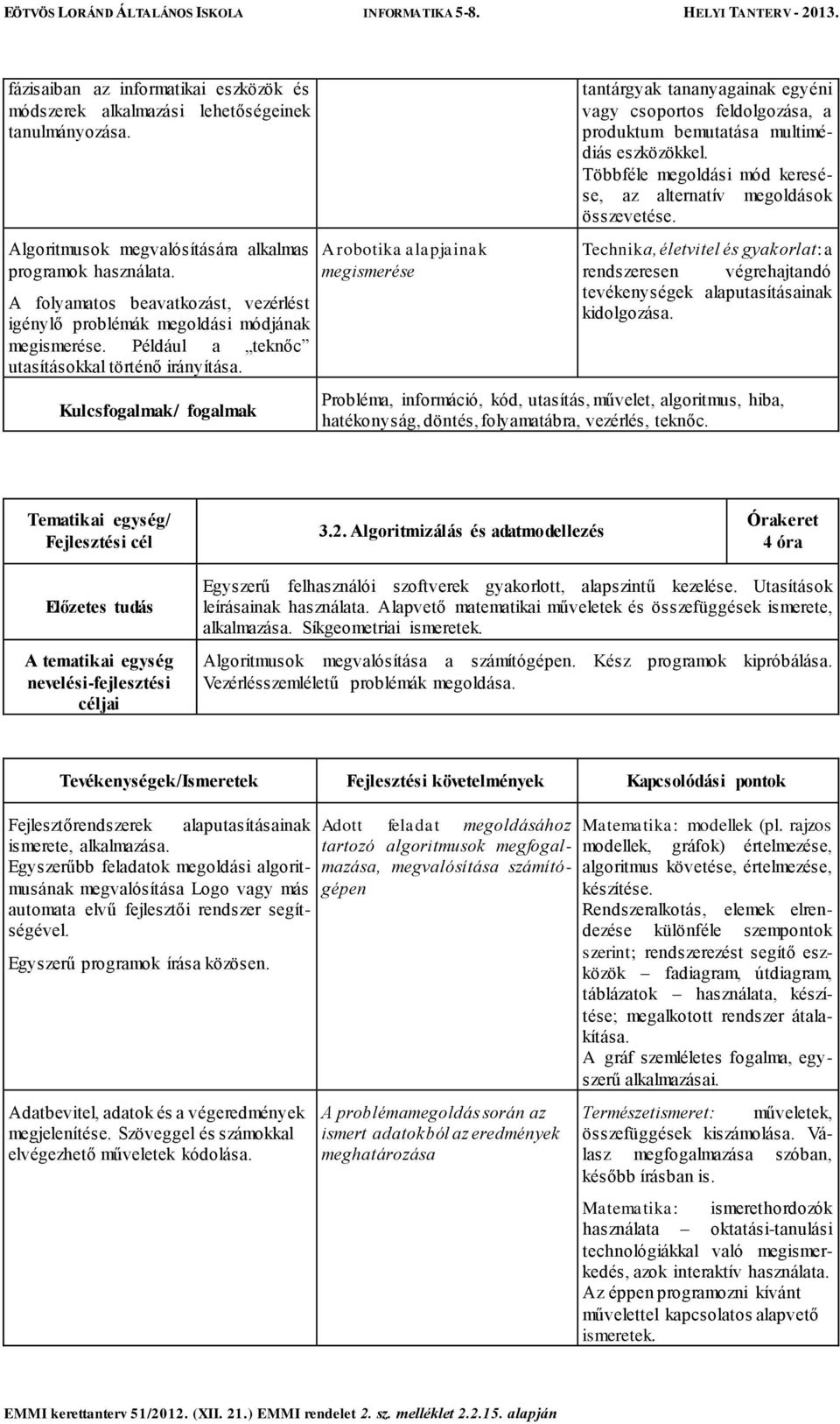 Kulcsfogalmak/ fogalmak A robotika alapjainak megismerése tantárgyak tananyagainak egyéni vagy csoportos feldolgozása, a produktum bemutatása multimédiás eszközökkel.