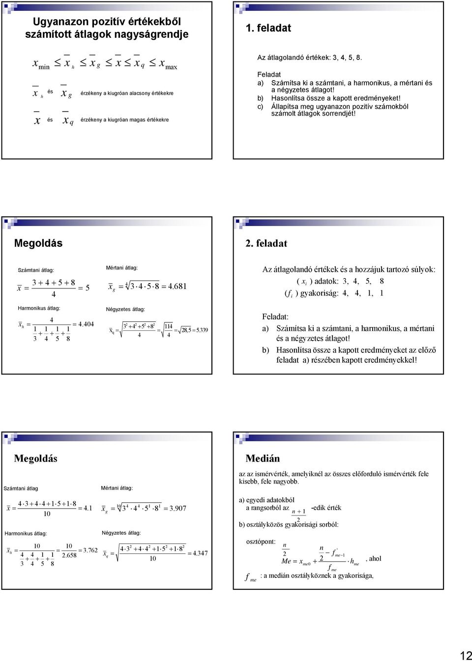 Megoldás Számta átlag: Mérta átlag: 3 + 4 + 5 + 8 5 4 3 4 5 8 4 681 g 4 Harmokus átlag: Négyzetes átlag: 4 4404 1 1 1 1 + + + 3 4 5 8 h 3 + 4 + 5 + 8 114 q 8,5 5339 4 4 feladat Az átlagoladó értékek
