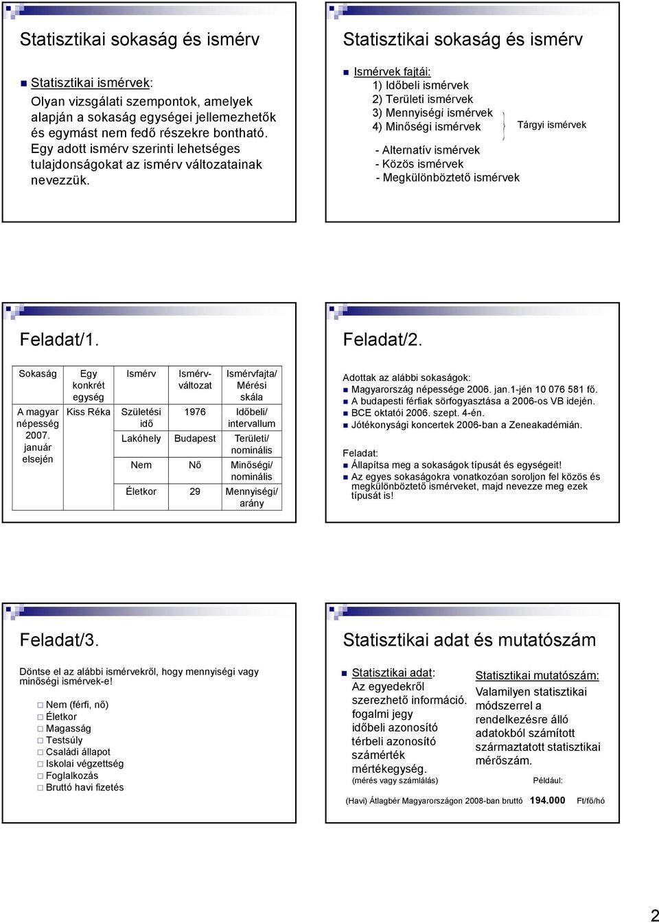 Megkülöböztető smérvek Tárgy smérvek Feladat/1 Sokaság Egy kokrét egység Kss Réka Ismérv Ismérvváltozat Ismérvfajta/ Mérés skála A magyar Kss Réka Születés 1976 Időbel/ épesség dő tervallum 007