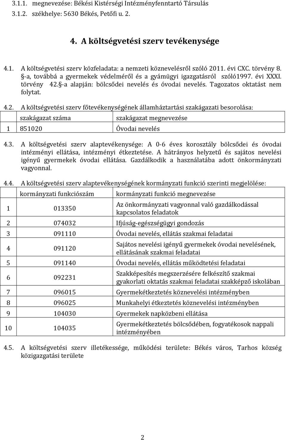 -a alapján: bölcsődei nevelés és óvodai nevelés. Tagozatos oktatást nem folytat. 4.2.