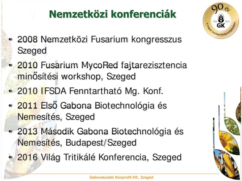 Konf. 2011 Első Gabona Biotechnológia és Nemesítés, Szeged 2013 Második Gabona