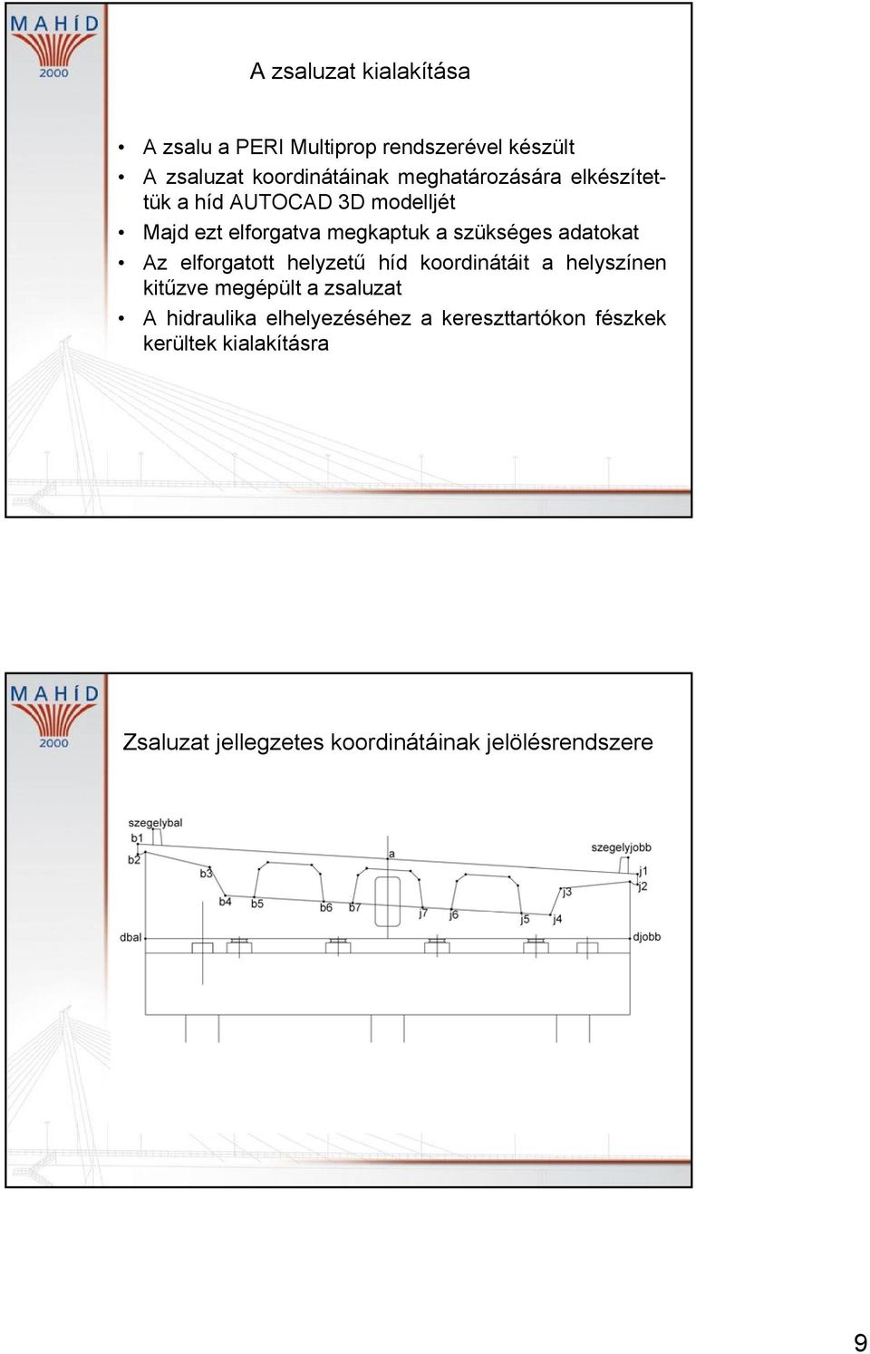 adatokat Az elforgatott helyzetű híd koordinátáit a helyszínen kitűzve megépült a zsaluzat A hidraulika