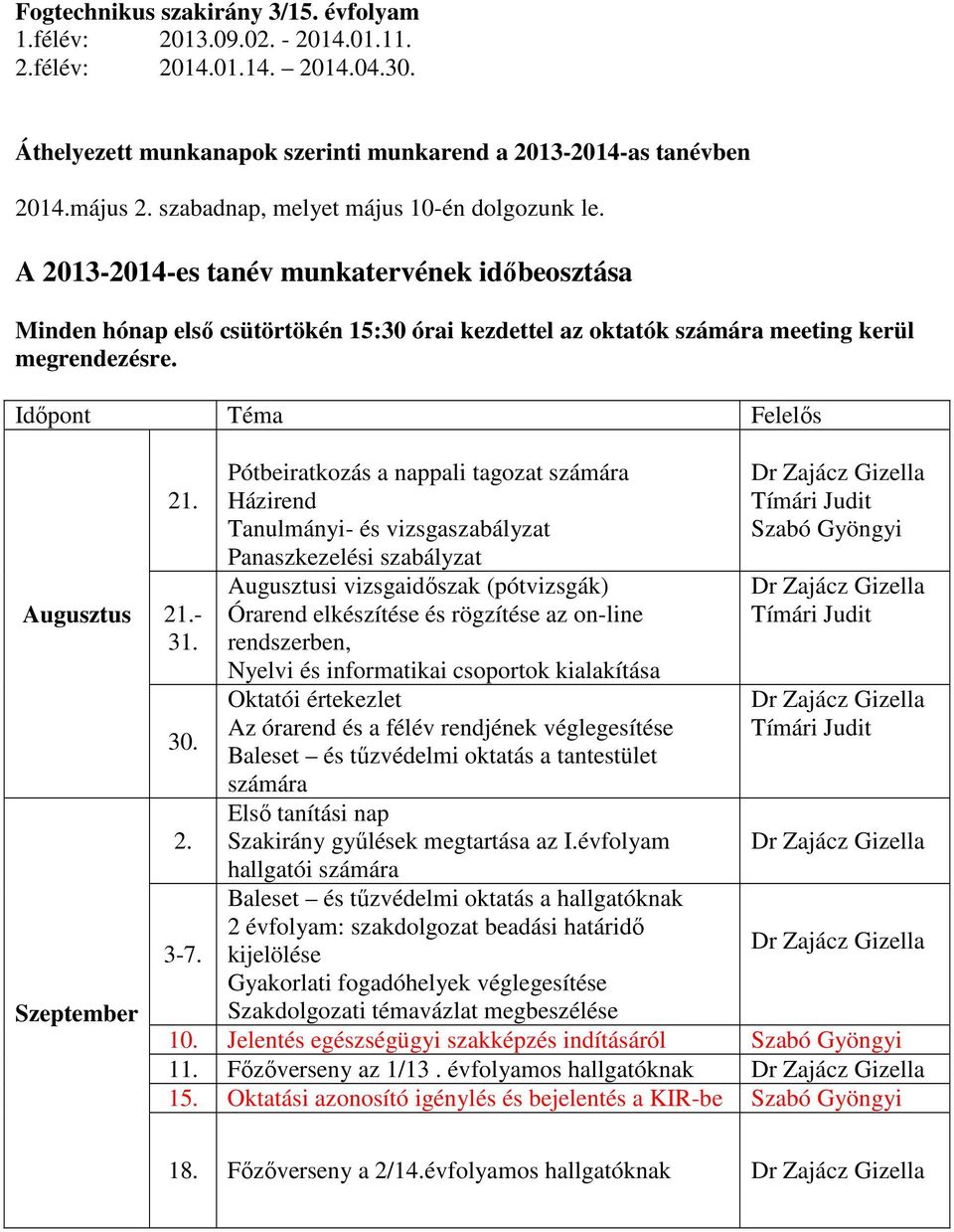 Időpont Téma Felelős Augusztus Szeptember 21. 21.- 31. 30. 2. 3-7.