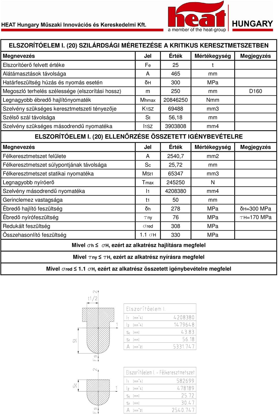 szélessége (elszorítási hossz) m 250 mm D160 Legnagyobb ébredı hajlítónyomaték Mhmax 20846250 Nmm Szelvény szükséges keresztmetszeti tényezıje K1SZ 69488 mm3 Szélsı szál távolsága St 56,18 mm