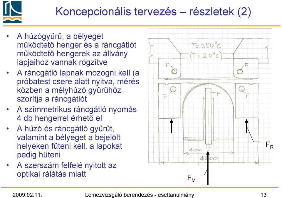 A szimmetrikus ráncgátló nyomás 4 db hengerrel érhető el A húzó és ráncgátló gyűrűt, valamint a bélyeget a bejelölt helyeken fűteni