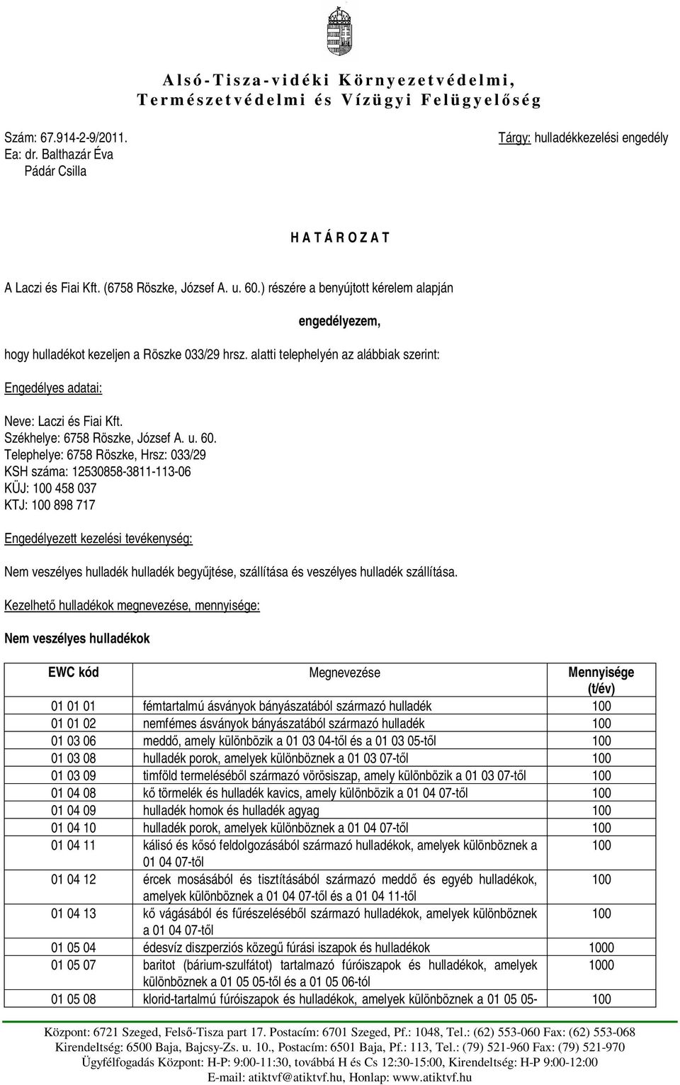 ) részére a benyújtott kérelem alapján engedélyezem, hogy hulladékot kezeljen a Röszke 033/29 hrsz. alatti telephelyén az alábbiak szerint: Engedélyes adatai: Neve: Laczi és Fiai Kft.