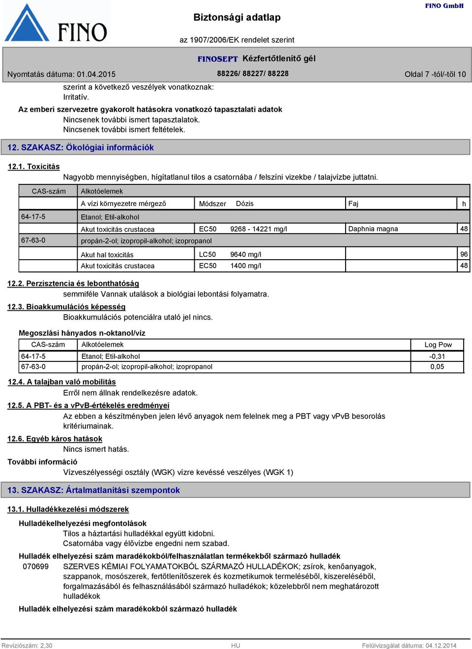 CAS-szám 64-17-5 67-6-0 Alkotóelemek A vízi környezetre mérgező Módszer Dózis Faj Etanol; Etil-alkohol Akut toxicitás crustacea EC50 9268-14221 mg/l Daphnia magna 48 propán-2-ol; izopropil-alkohol;