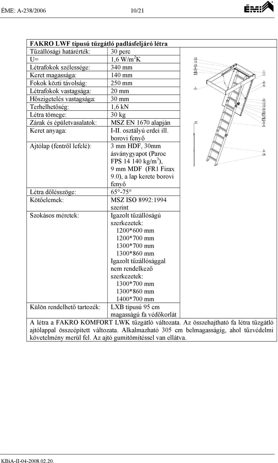 borovi fenyő Ajtólap (fentről lefelé): 3 mm HDF, 30mm ásványgyapot (Paroc FPS 14 140 kg/m 3 ), 9 mm MDF (FR1 Firax 9.