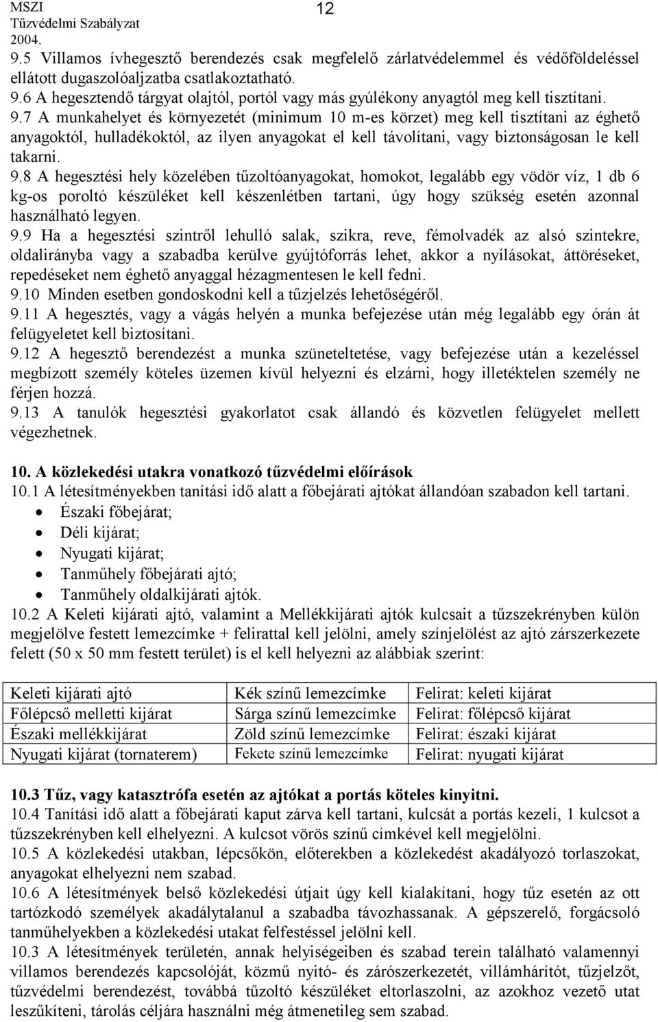 8 A hegesztési hely közelében tűzoltóanyagokat, homokot, legalább egy vödör víz, 1 db 6 kg-os poroltó készüléket kell készenlétben tartani, úgy hogy szükség esetén azonnal használható legyen. 9.