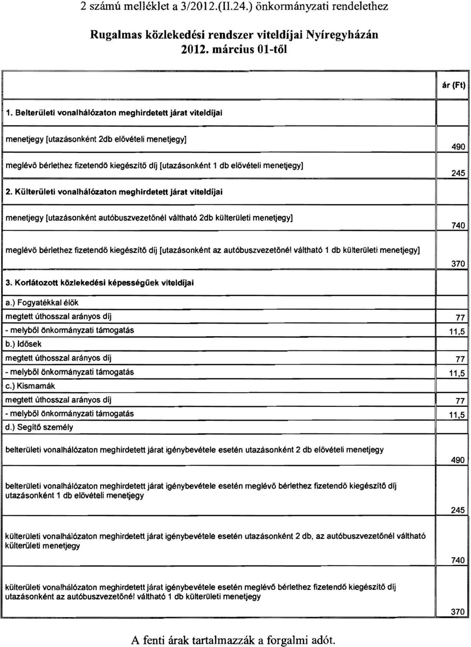 Külterületi vonalhál6zaton meghirdetett Járat viteldíjai menetjegy [utazásonként autóbuszvezetönél váltható 2db külterületi menetjegy] 740 meglévö bérlet hez fizetendö kiegészítő díj [utazásonként az