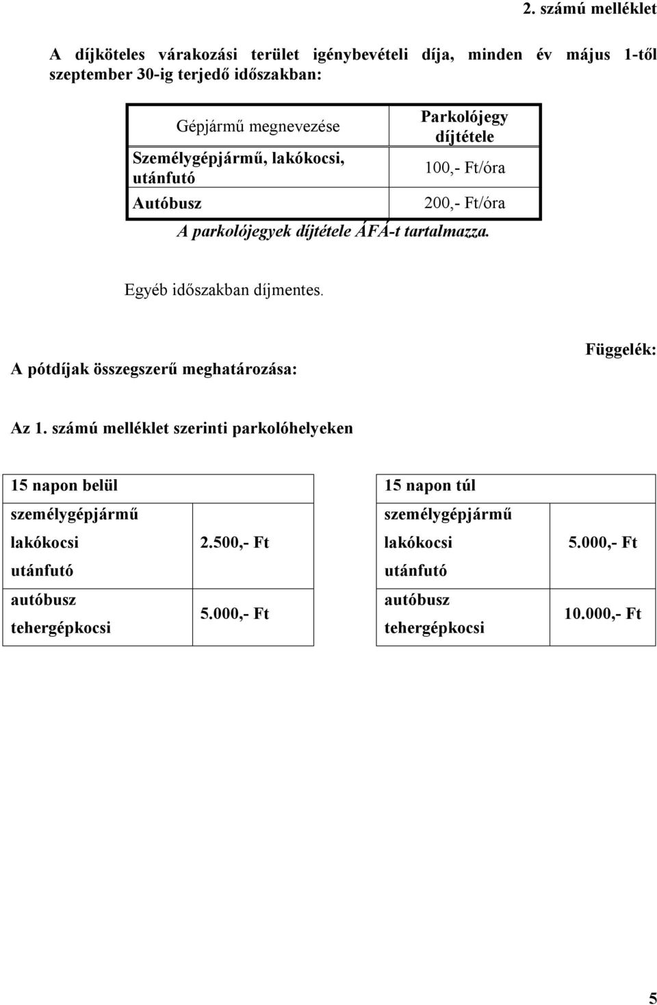 Egyéb időszakban díjmentes. A pótdíjak összegszerű meghatározása: Függelék: Az 1.