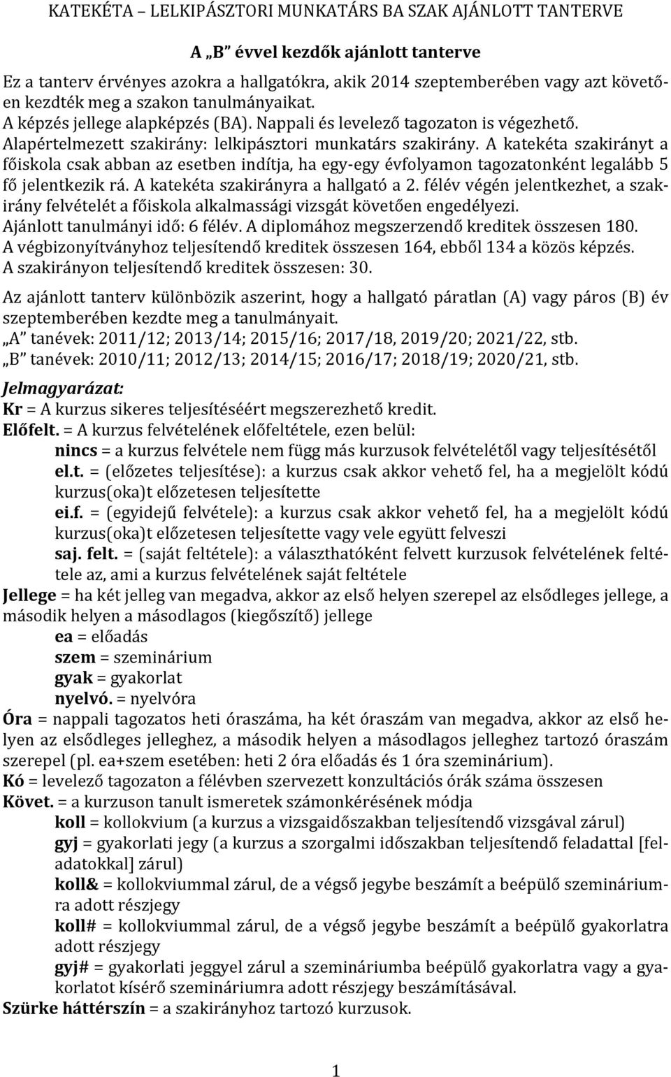 A katekéta szakirányt a főiskola csak abban az esetben indítja, ha egy-egy évfolyamon tagozatonként legalább 5 fő jelentkezik rá. A katekéta szakirányra a hallgató a 2.