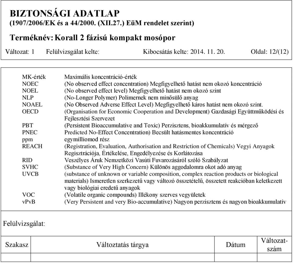 Oldal: 12/(12) MK-érték NOEC NOEL NLP NOAEL OECD PBT PNEC ppm REACH RID SVHC UVCB VOC vpvb Maximális koncentráció-érték (No observed effect concentration) Megfigyelhető hatást nem okozó koncentráció