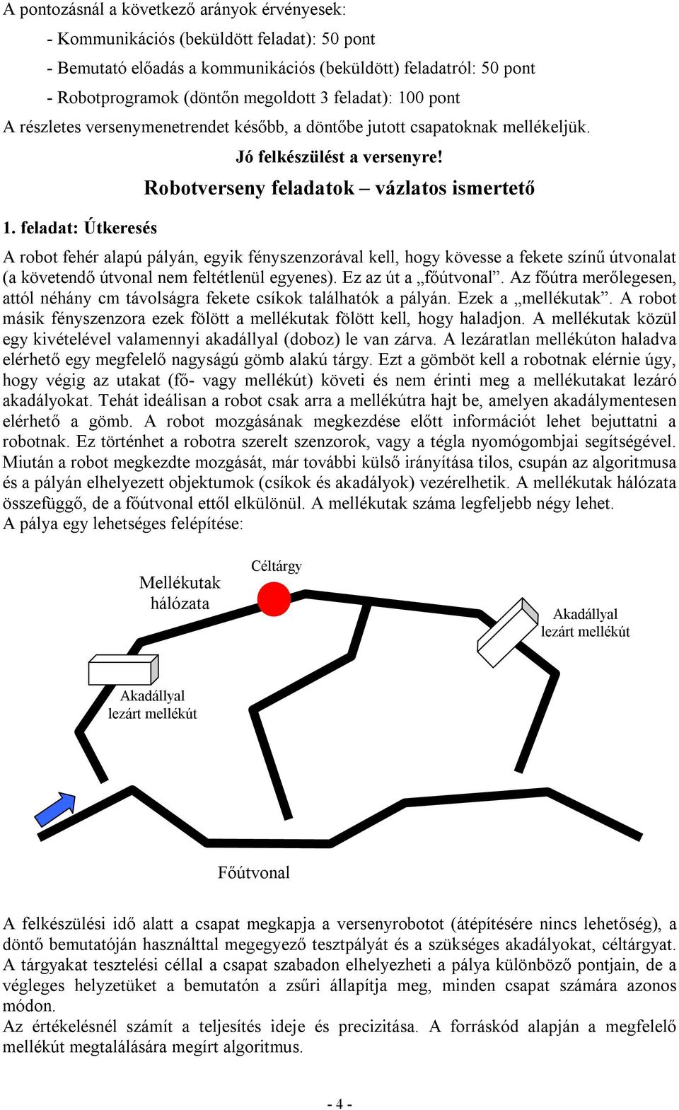 Robotverseny feladatok vázlatos ismertető A robot fehér alapú pályán, egyik fényszenzorával kell, hogy kövesse a fekete színű útvonalat (a követendő útvonal nem feltétlenül egyenes).