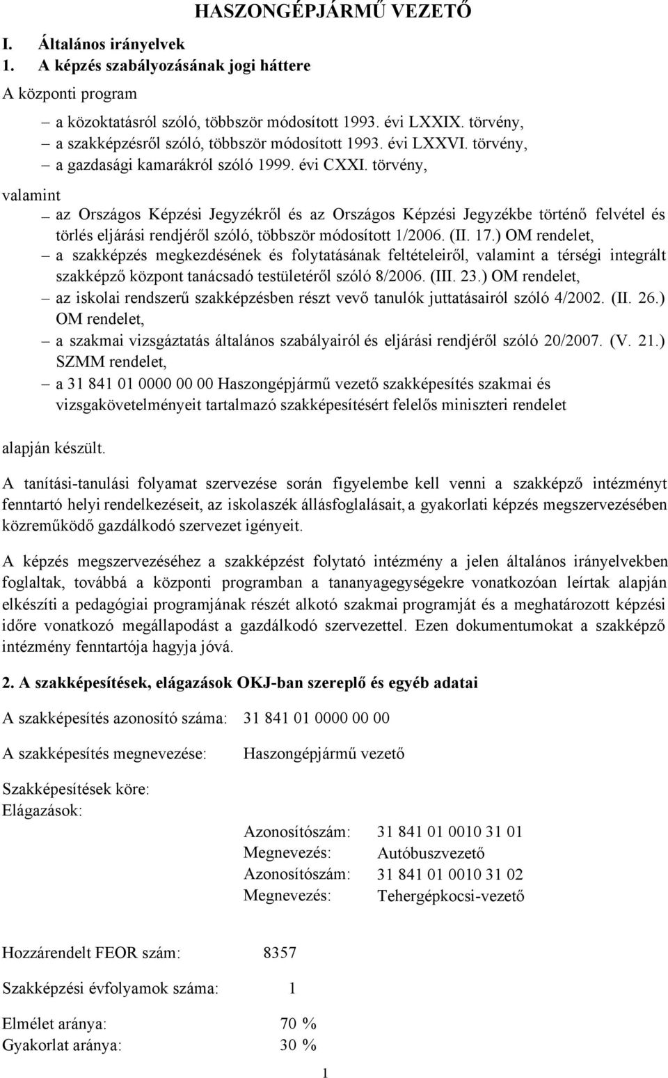 törvény, valamint az Országos Képzési Jegyzékről és az Országos Képzési Jegyzékbe történő felvétel és törlés eljárási rendjéről szóló, többször módosított 1/2006. (II. 17.