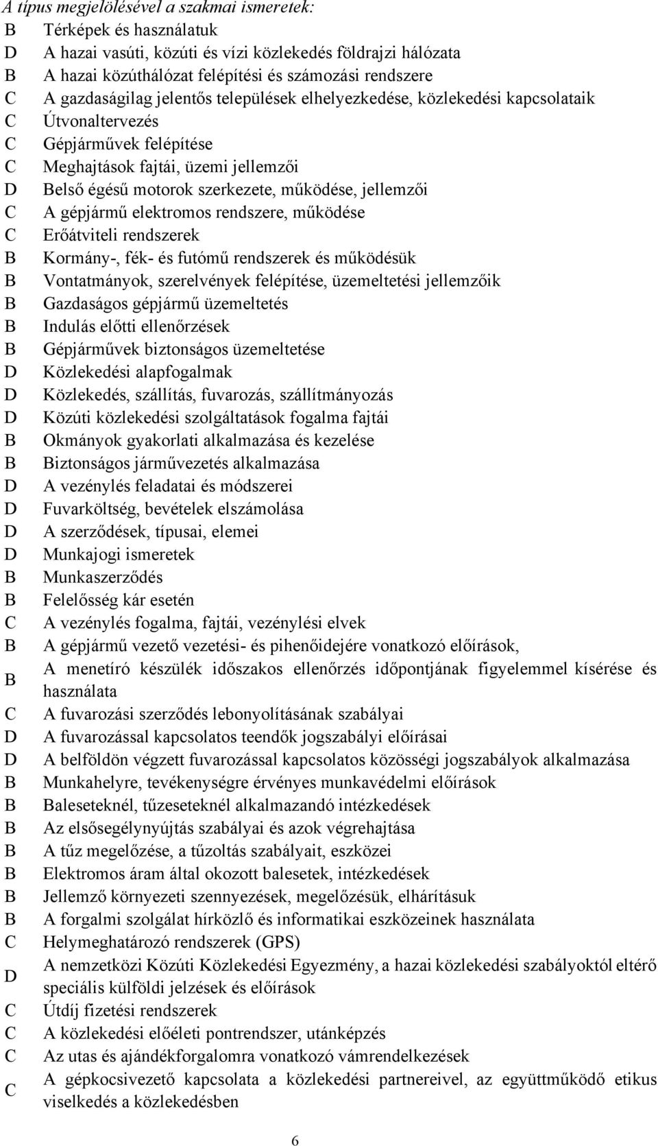 jellemzői C A gépjármű elektromos rendszere, működése C Erőátviteli rendszerek B Kormány, fék és futómű rendszerek és működésük B Vontatmányok, szerelvények felépítése, üzemeltetési jellemzőik B