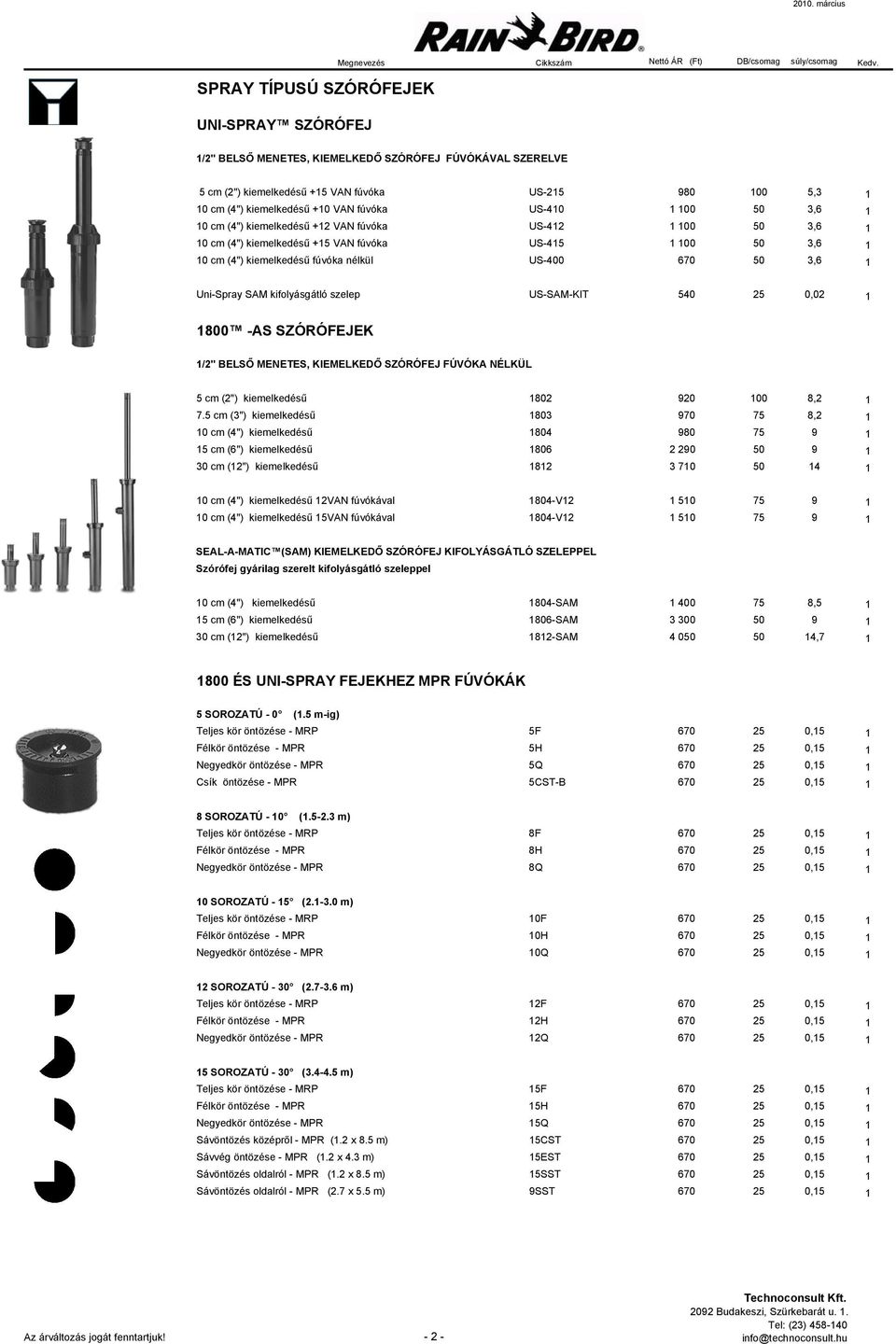 1 Uni-Spray SAM kifolyásgátló szelep US-SAM-KIT 540 25 0,02 1 1800 -AS SZÓRÓFEJEK 1/2" BELSŐ MENETES, KIEMELKEDŐ SZÓRÓFEJ FÚVÓKA NÉLKÜL 5 cm (2") kiemelkedésű 1802 920 100 8,2 1 7.