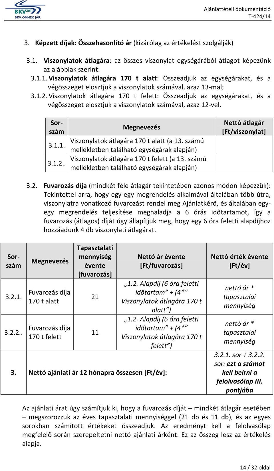 1. Viszonylatok átlagára 170 t alatt: Összeadjuk az egységárakat, és a végösszeget elosztjuk a viszonylatok számával, azaz 13-mal; 3.1.2.