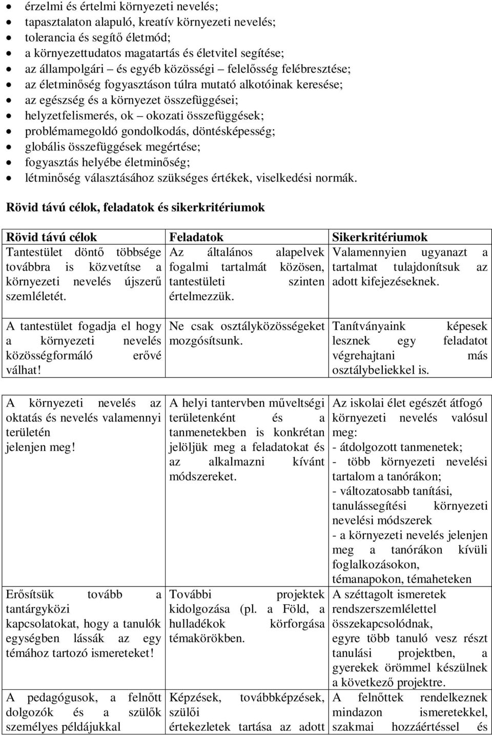 problémamegoldó gondolkodás, döntésképesség; globális összefüggések megértése; fogyasztás helyébe életminőség; létminőség választásához szükséges értékek, viselkedési normák.