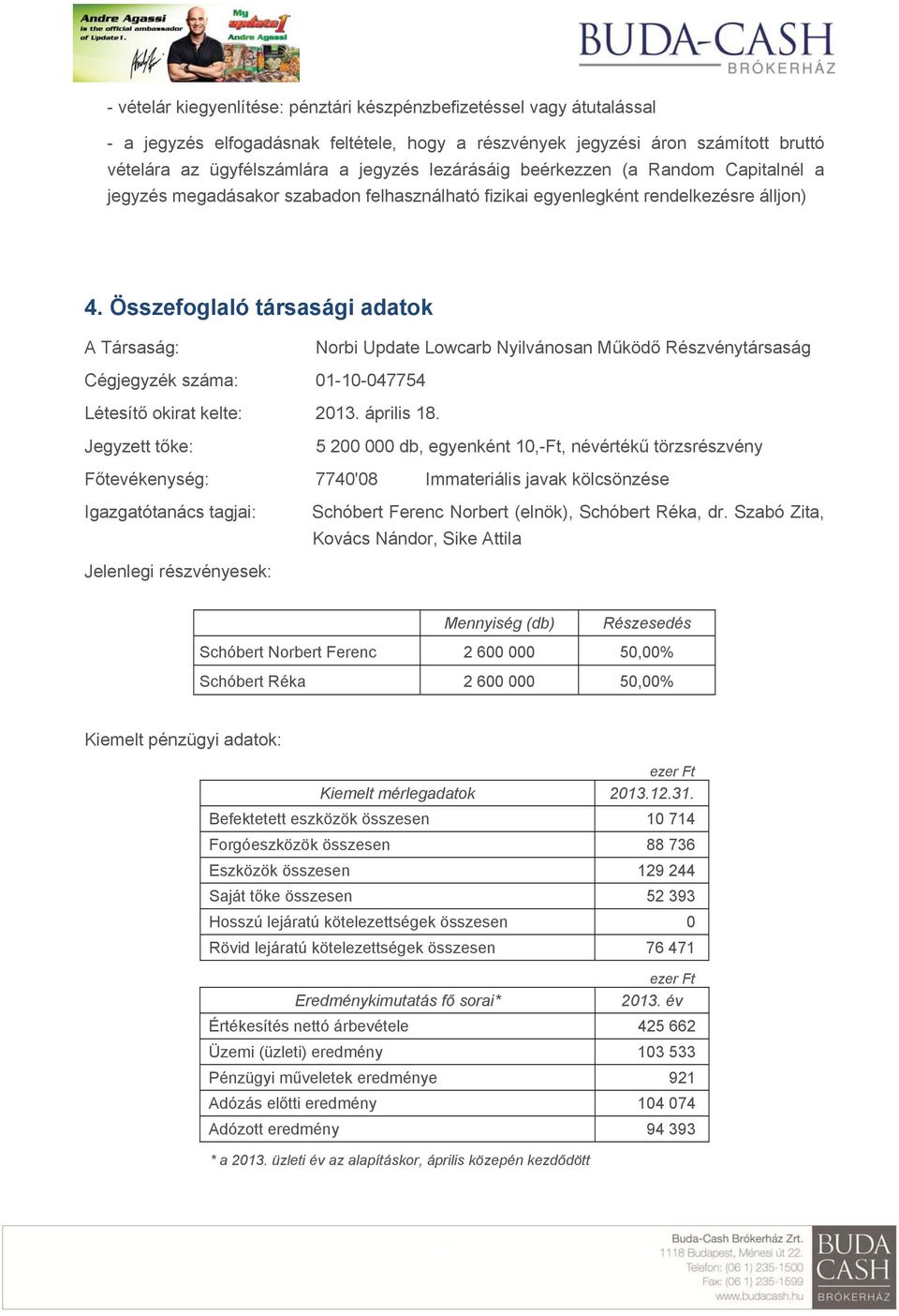 Összefoglaló társasági adatok A Társaság: Norbi Update Lowcarb Nyilvánosan Működő Részvénytársaság Cégjegyzék száma: 01-10-047754 Létesítő okirat kelte: 2013. április 18.