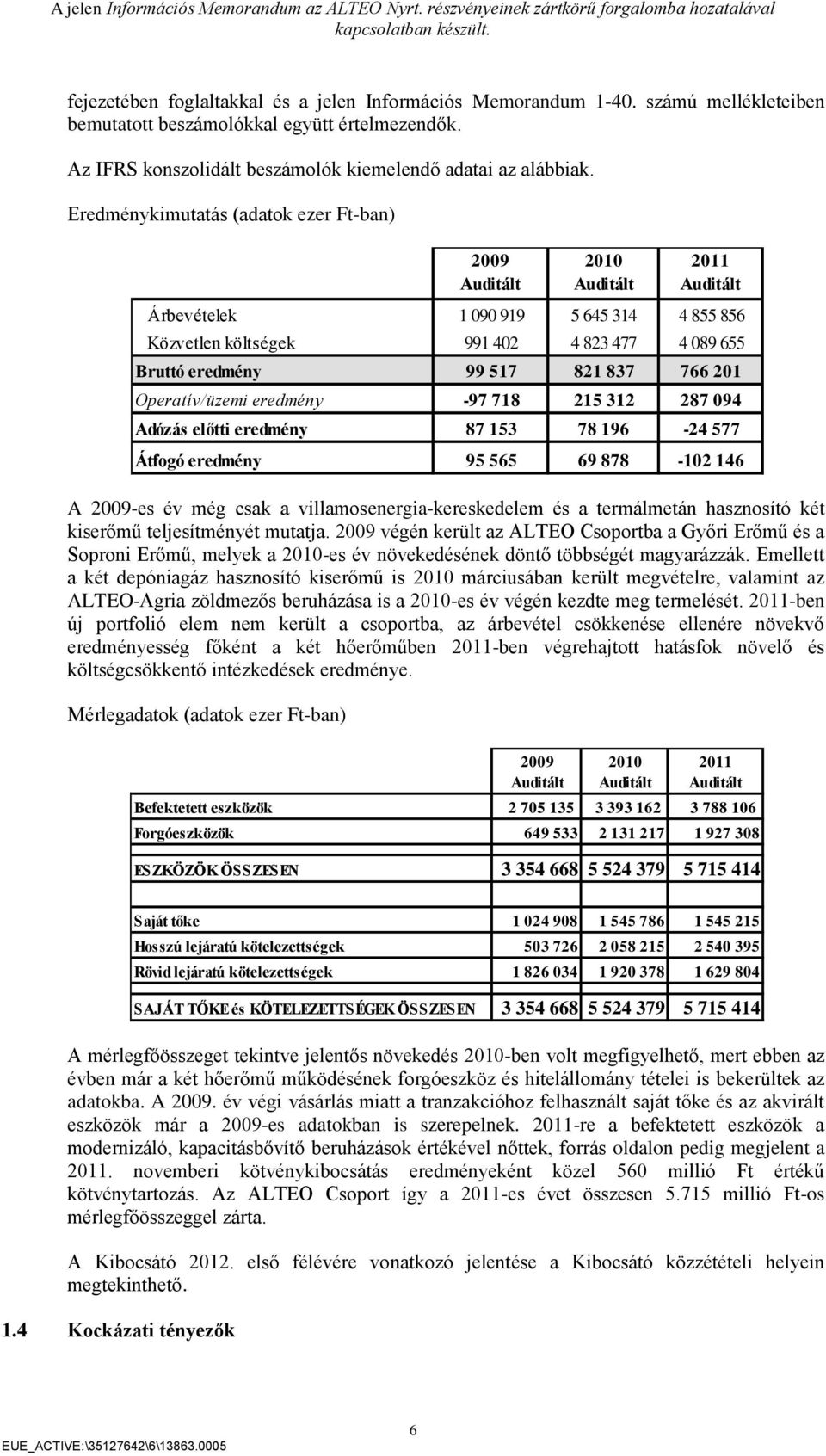 2009 végén került az ALTEO Csoportba a Győri Erőmű és a Soproni Erőmű, melyek a 2010-es év növekedésének döntő többségét magyarázzák.