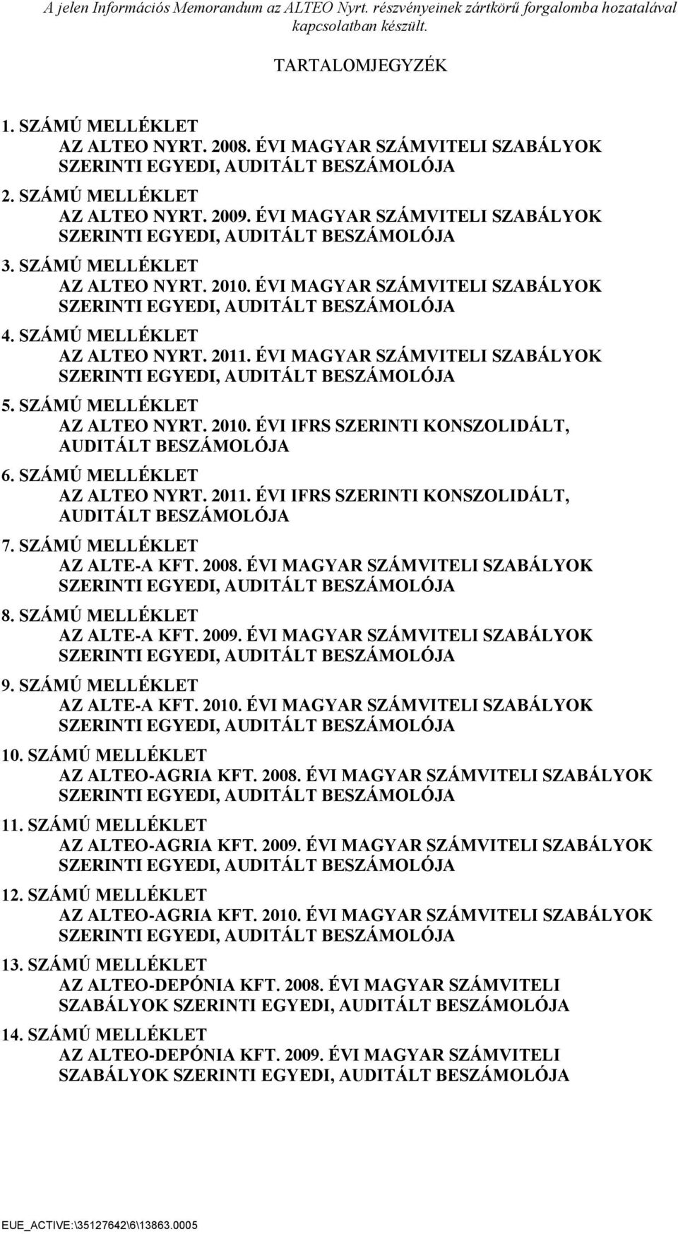 SZÁMÚ MELLÉKLET AZ ALTEO NYRT. 2011. ÉVI MAGYAR SZÁMVITELI SZABÁLYOK SZERINTI EGYEDI, AUDITÁLT BESZÁMOLÓJA 5. SZÁMÚ MELLÉKLET AZ ALTEO NYRT. 2010.