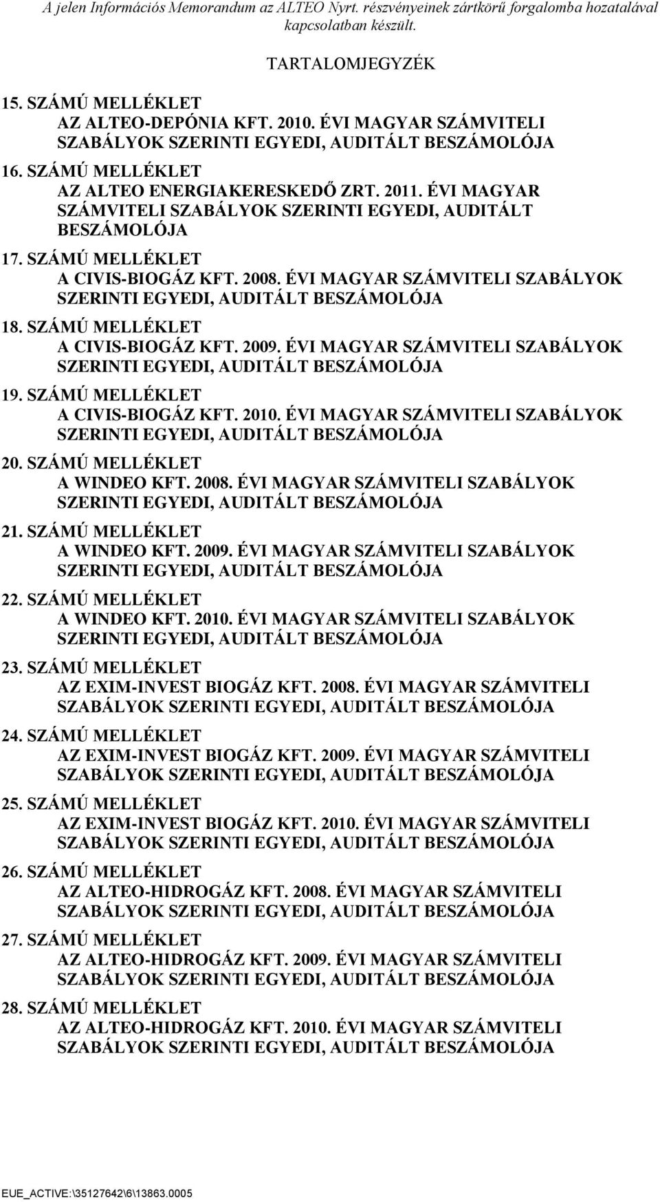 SZÁMÚ MELLÉKLET A CIVIS-BIOGÁZ KFT. 2009. ÉVI MAGYAR SZÁMVITELI SZABÁLYOK SZERINTI EGYEDI, AUDITÁLT BESZÁMOLÓJA 19. SZÁMÚ MELLÉKLET A CIVIS-BIOGÁZ KFT. 2010.