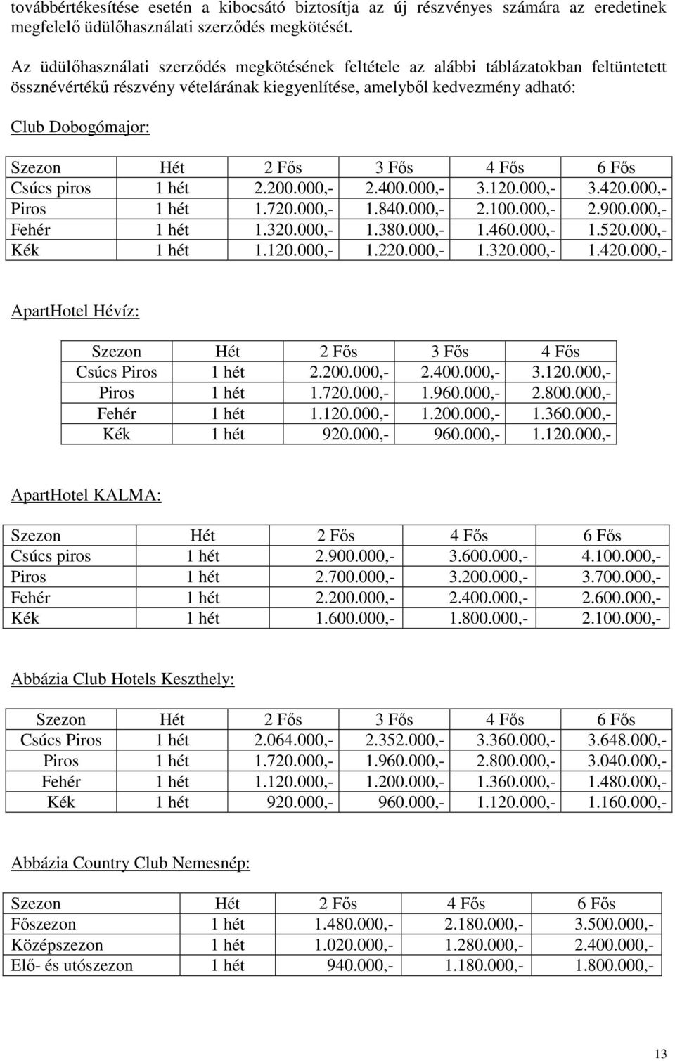 Fıs 3 Fıs 4 Fıs 6 Fıs Csúcs piros 1 hét 2.200.000,- 2.400.000,- 3.120.000,- 3.420.000,- Piros 1 hét 1.720.000,- 1.840.000,- 2.100.000,- 2.900.000,- Fehér 1 hét 1.320.000,- 1.380.000,- 1.460.000,- 1.520.