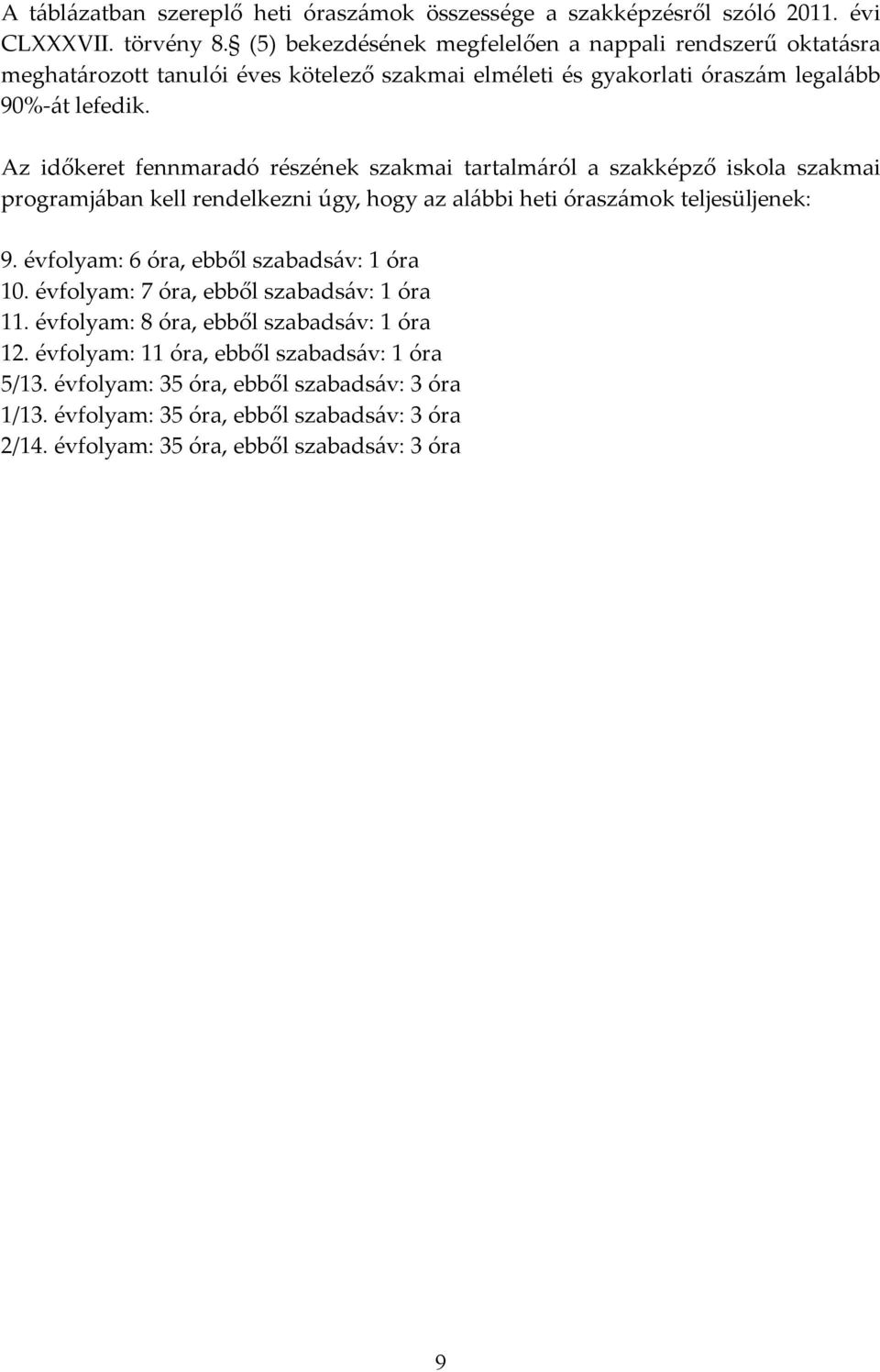 Az időkeret fennmaradó részének szakmai tartalmáról a szakképző iskola szakmai programjában kell rendelkezni úgy, hogy az alábbi heti óraszámok teljesüljenek: 9.