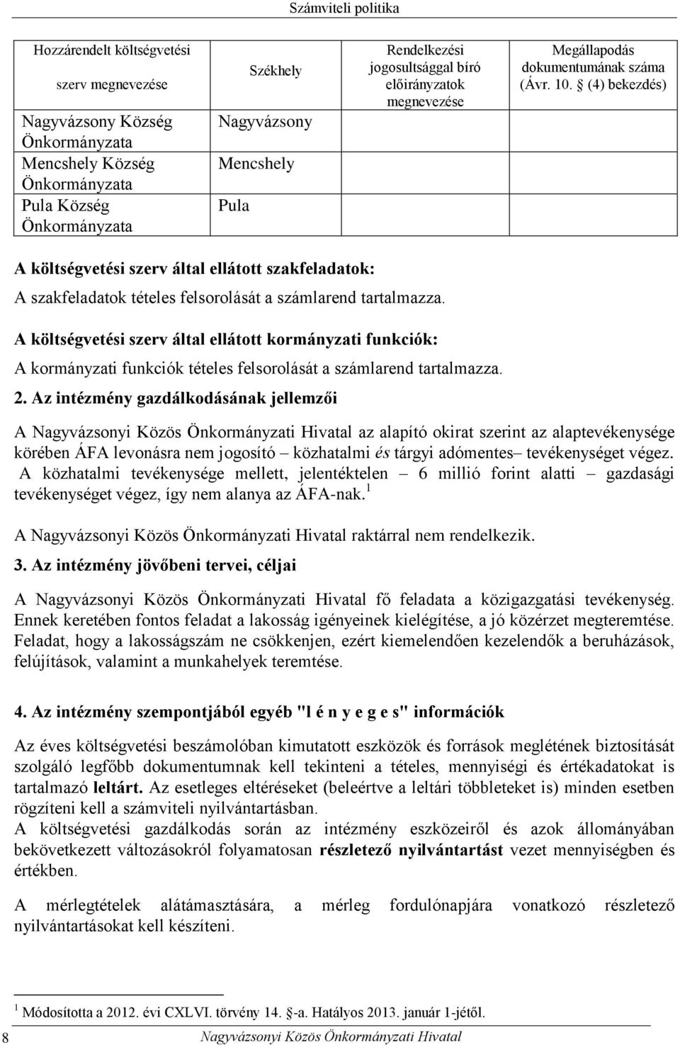 (4) bekezdés) A költségvetési szerv által ellátott szakfeladatok: A szakfeladatok tételes felsorolását a számlarend tartalmazza.