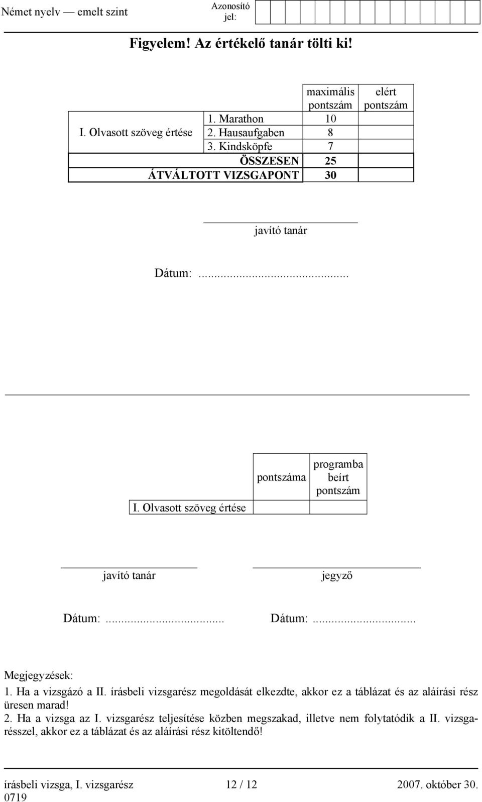Olvasott szöveg értése pontszáma programba beírt pontszám javító tanár jegyző Dátum:... Dátum:... Megjegyzések: 1. Ha a vizsgázó a II.