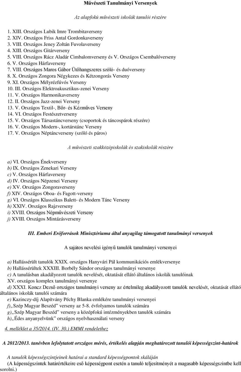 X. Országos Zongora Négykezes és Kétzongorás Verseny 9. XI. Országos Mélyrézfúvós Verseny 10. III. Országos Elektroakusztikus-zenei Verseny 11. V. Országos Harmonikaverseny 12. II. Országos Jazz-zenei Verseny 13.