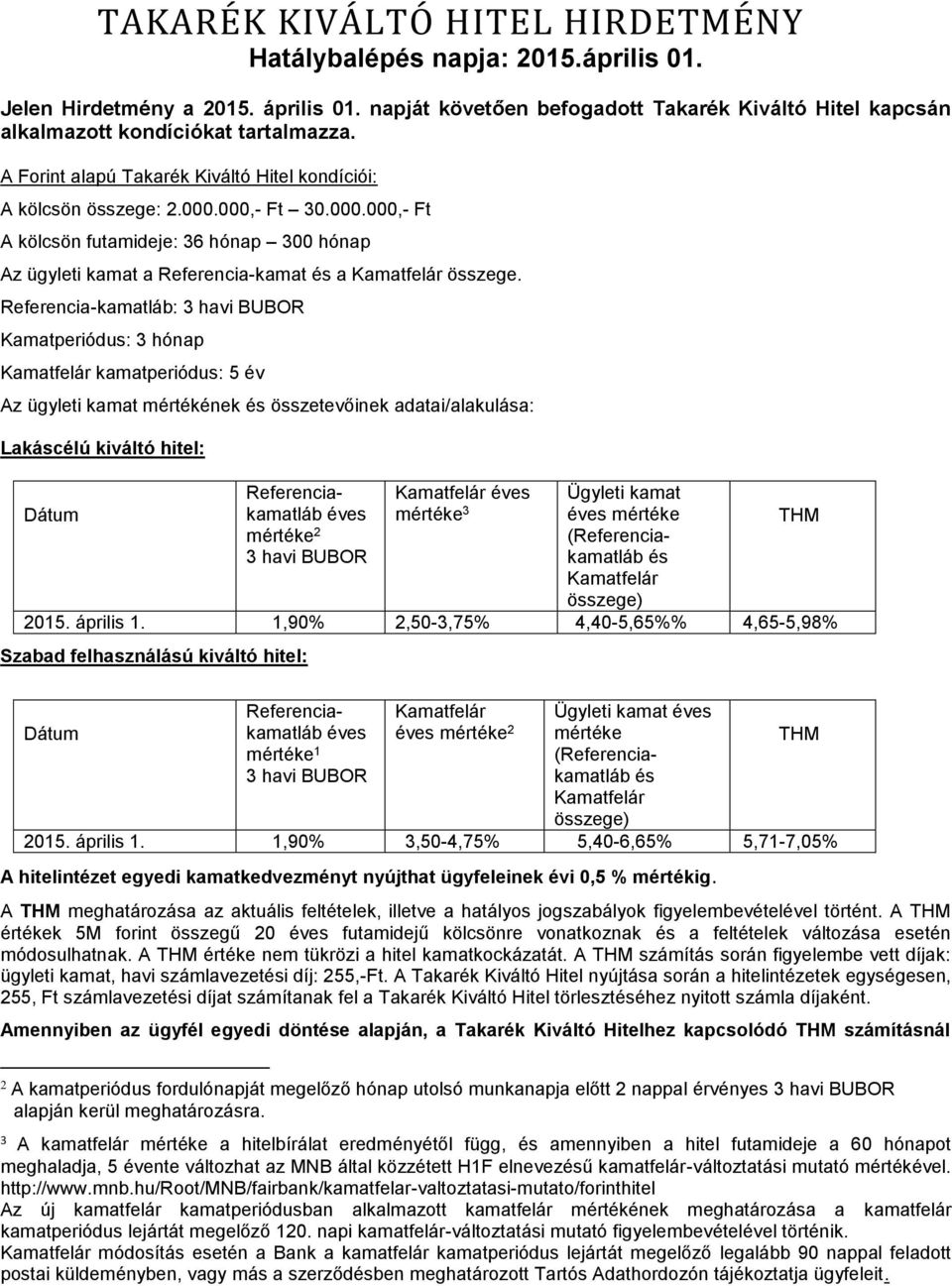 000,- Ft 30.000.000,- Ft A kölcsön futamideje: 36 hónap 300 hónap Az ügyleti kamat a Referencia-kamat és a Kamatfelár összege.