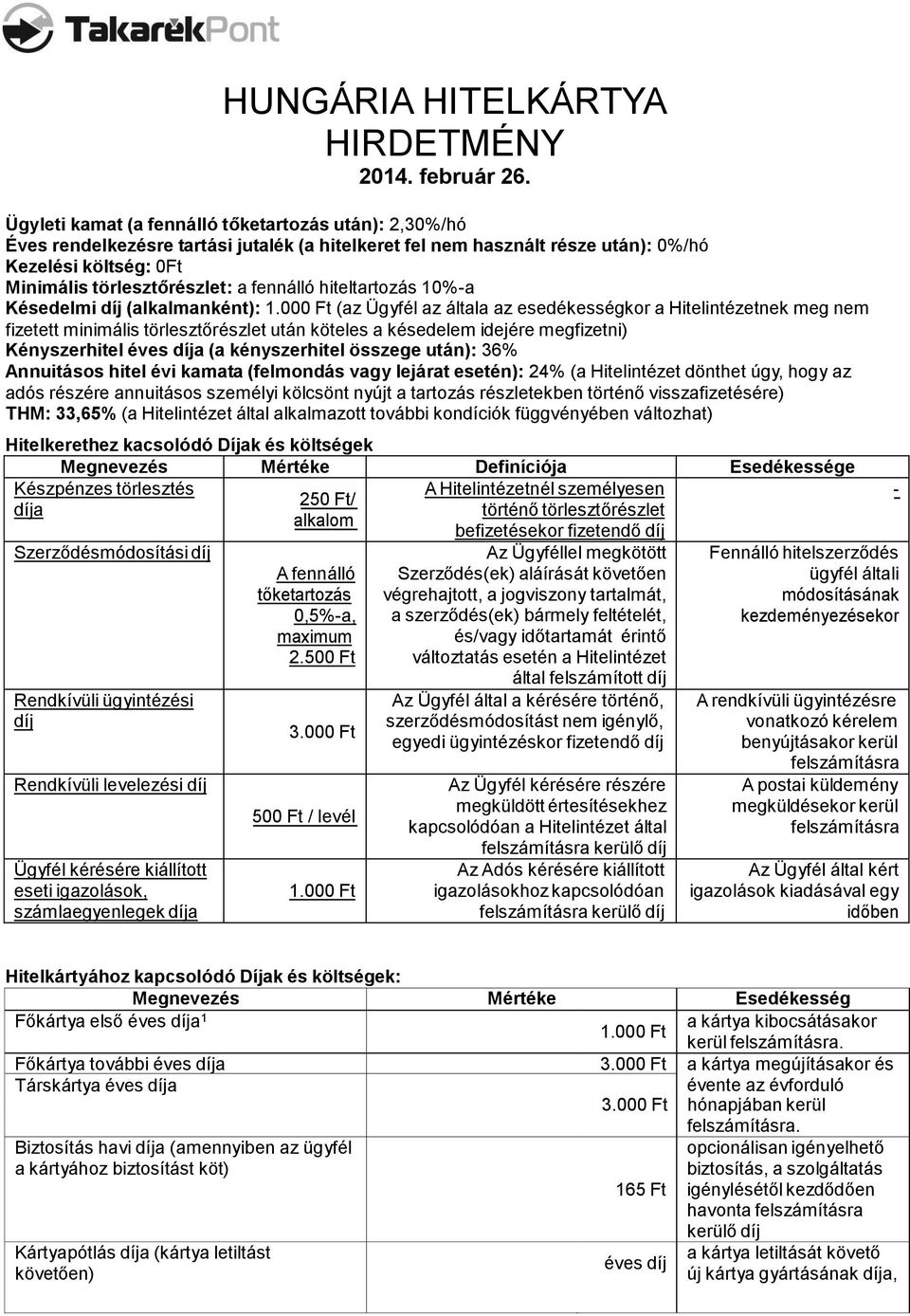 fennálló hiteltartozás 10%-a Késedelmi díj (alkalmanként): 1.