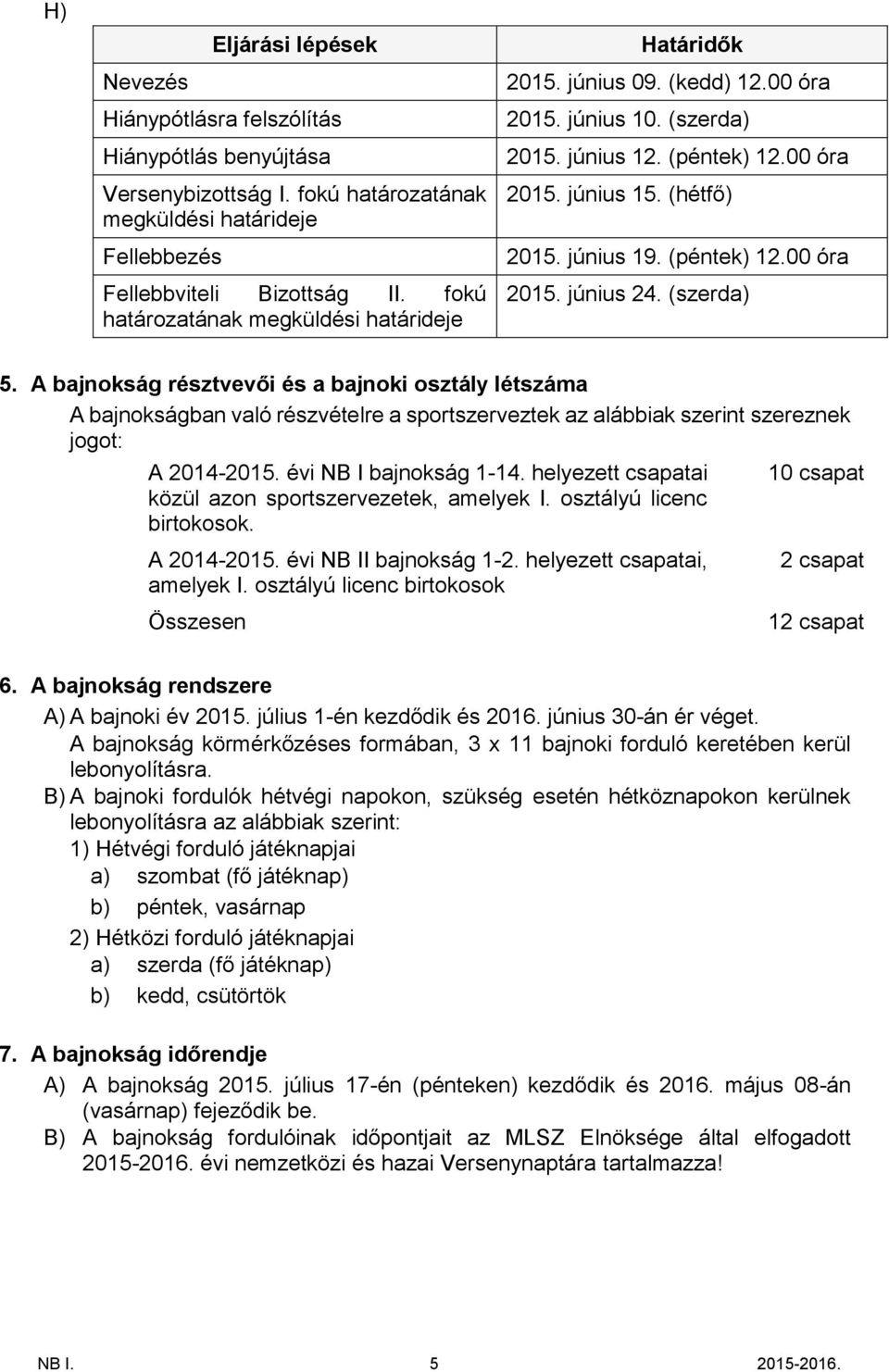 (péntek) 12.00 óra 2015. június 24. (szerda) 5. A bajnokság résztvevői és a bajnoki osztály létszáma A bajnokságban való részvételre a sportszerveztek az alábbiak szerint szereznek jogot: A 2014-2015.