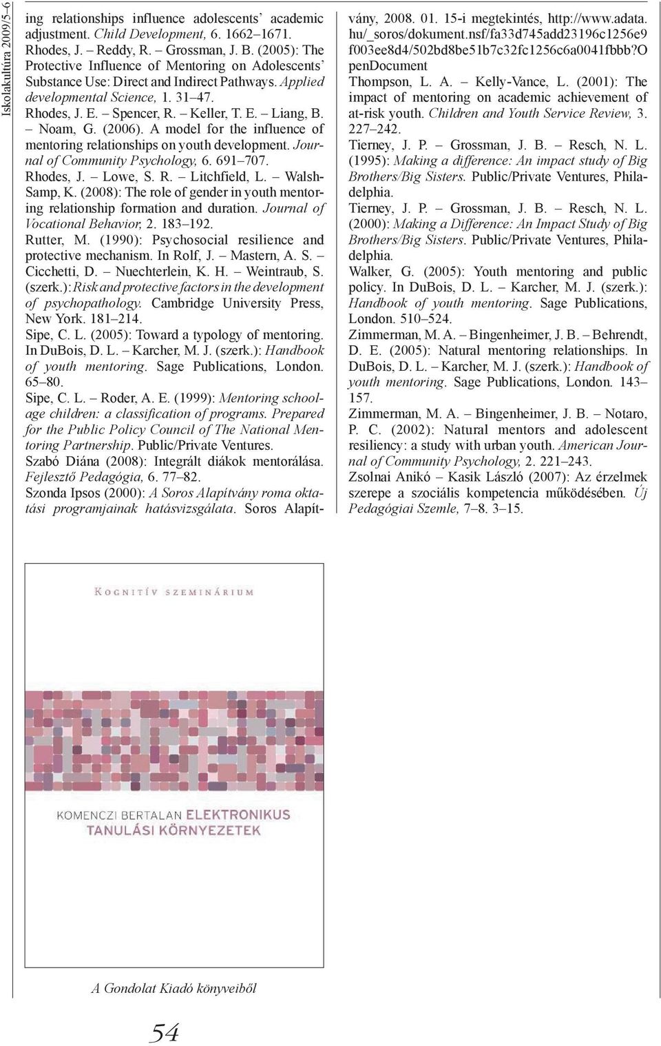 Noam, G. (2006). A model for the influence of mentoring relationships on youth development. Journal of Community Psychology, 6. 691 707. Rhodes, J. Lowe, S. R. Litchfield, L. Walsh- Samp, K.