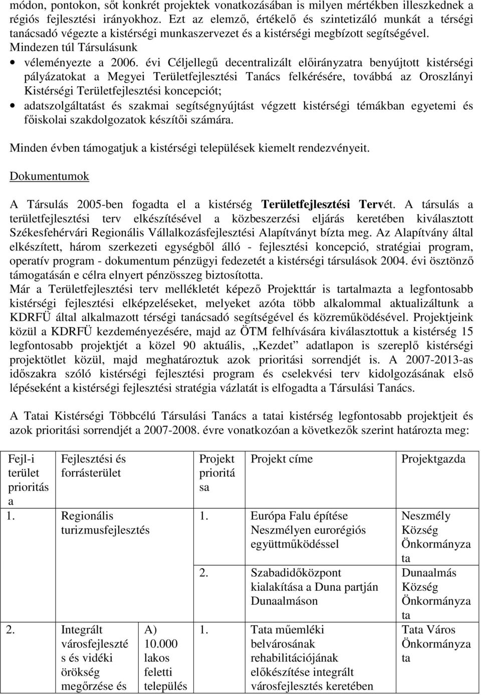 évi Céljellegő decentralizált elıirányzatra benyújtott kistérségi pályázatokat a Megyei Területfejlesztési Tanács felkérésére, továbbá az Oroszlányi Kistérségi Területfejlesztési koncepciót;