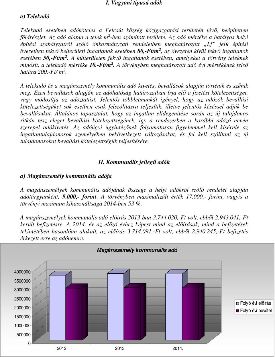 ingatlanok esetében 50,-Ft/m 2. A külterületen fekvő ingatlanok esetében, amelyeket a törvény teleknek minősít, a telekadó mértéke 10.-Ft/m 2. A törvényben meghatározott adó évi mértékének felső határa 200.