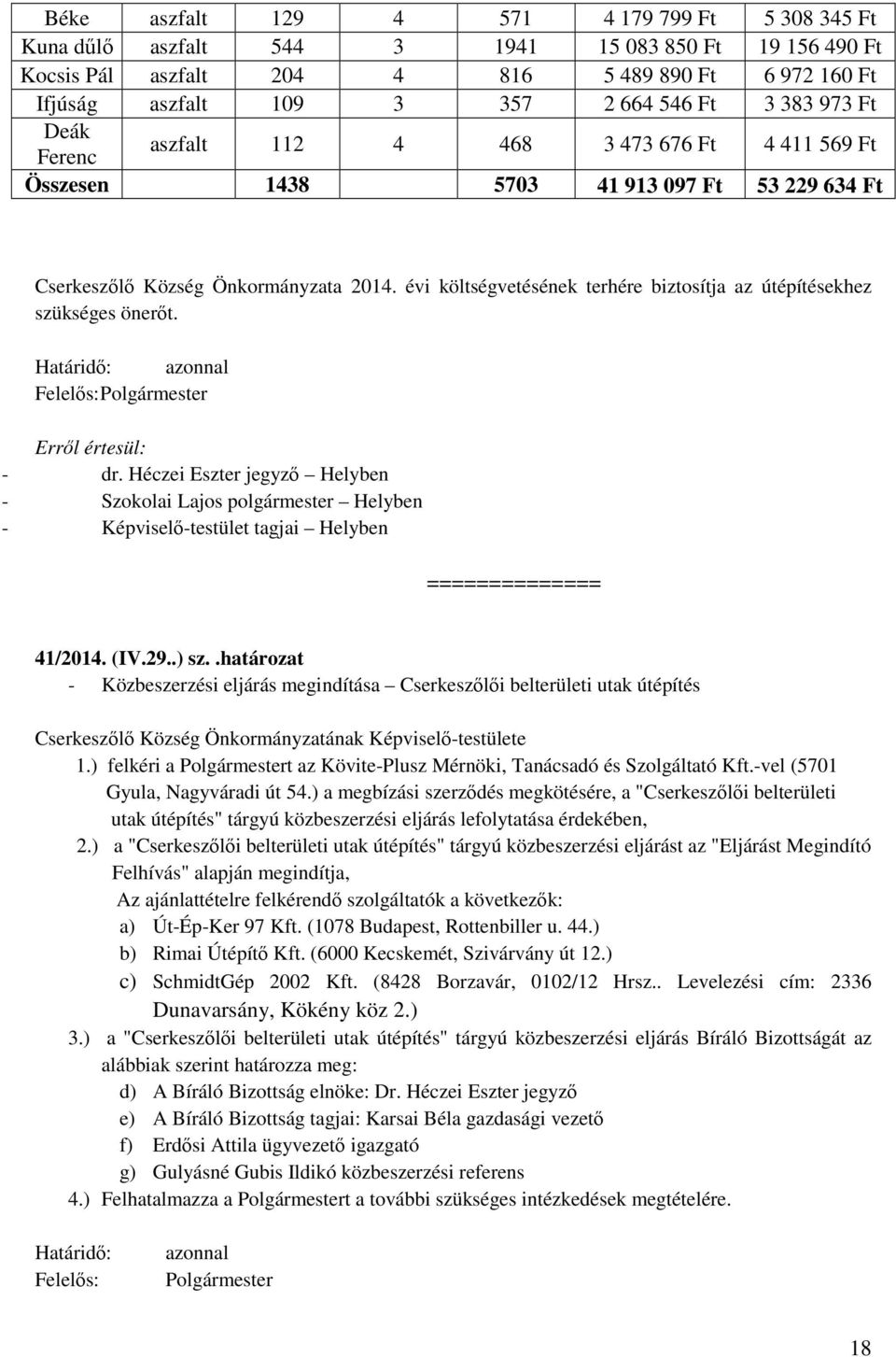 évi költségvetésének terhére biztosítja az útépítésekhez szükséges önerőt. Határidő: azonnal Felelős: Polgármester Erről értesül: - dr.