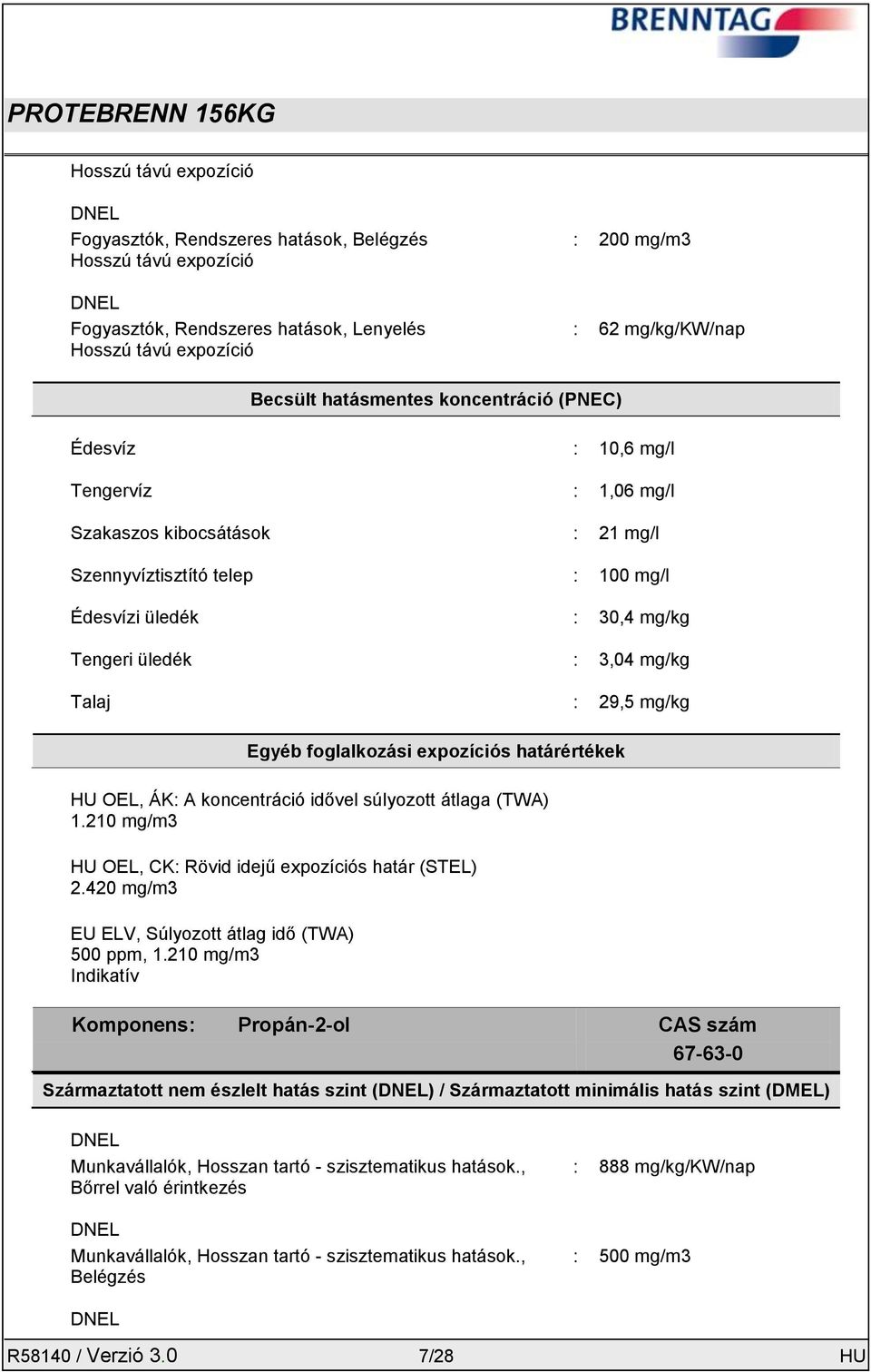 mg/kg Egyéb foglalkozási expozíciós határértékek HU OEL, ÁK: A koncentráció idővel súlyozott átlaga (TWA) 1.210 mg/m3 HU OEL, CK: Rövid idejű expozíciós határ (STEL) 2.