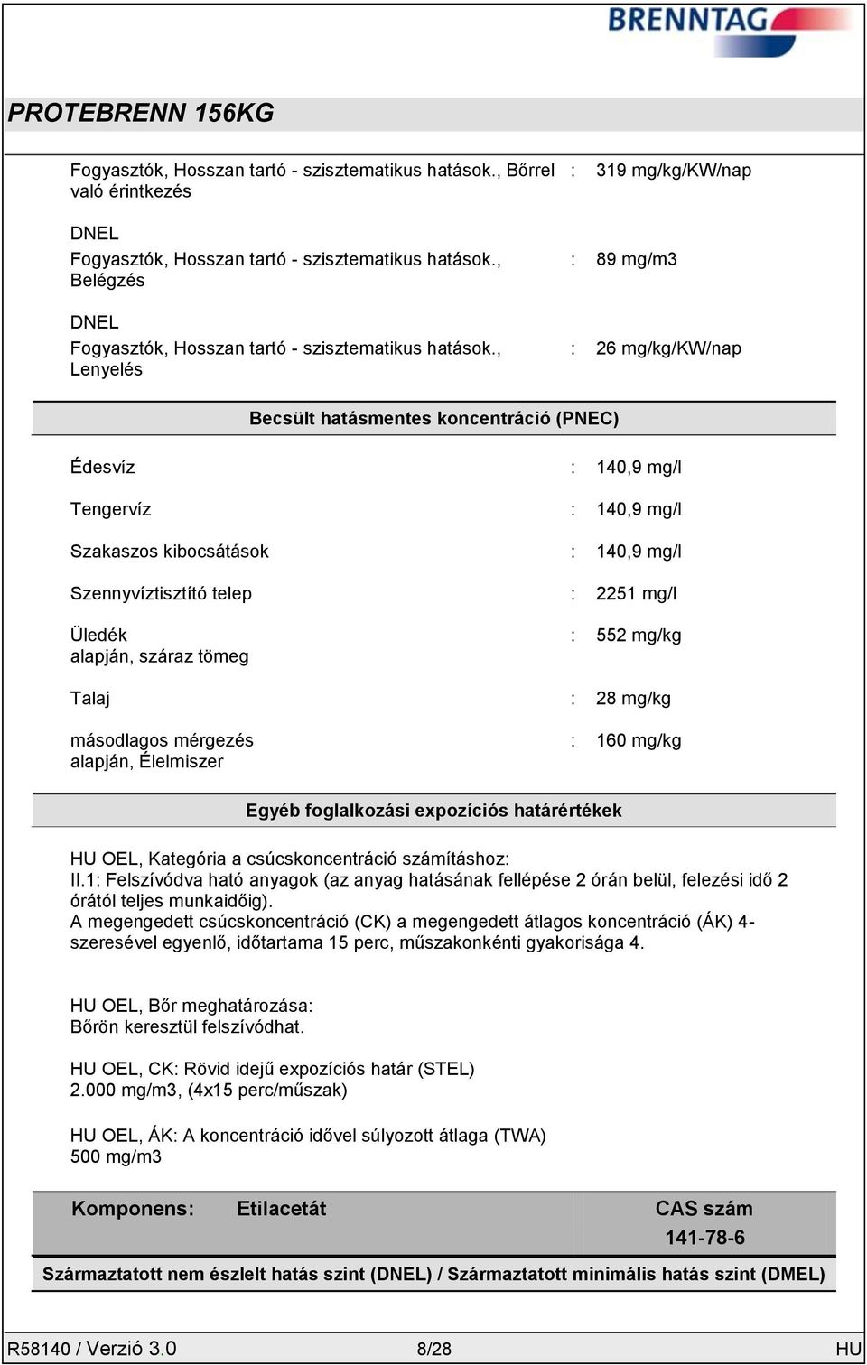 telep : 2251 mg/l Üledék alapján, száraz tömeg : 552 mg/kg Talaj : 28 mg/kg másodlagos mérgezés alapján, Élelmiszer : 160 mg/kg Egyéb foglalkozási expozíciós határértékek HU OEL, Kategória a