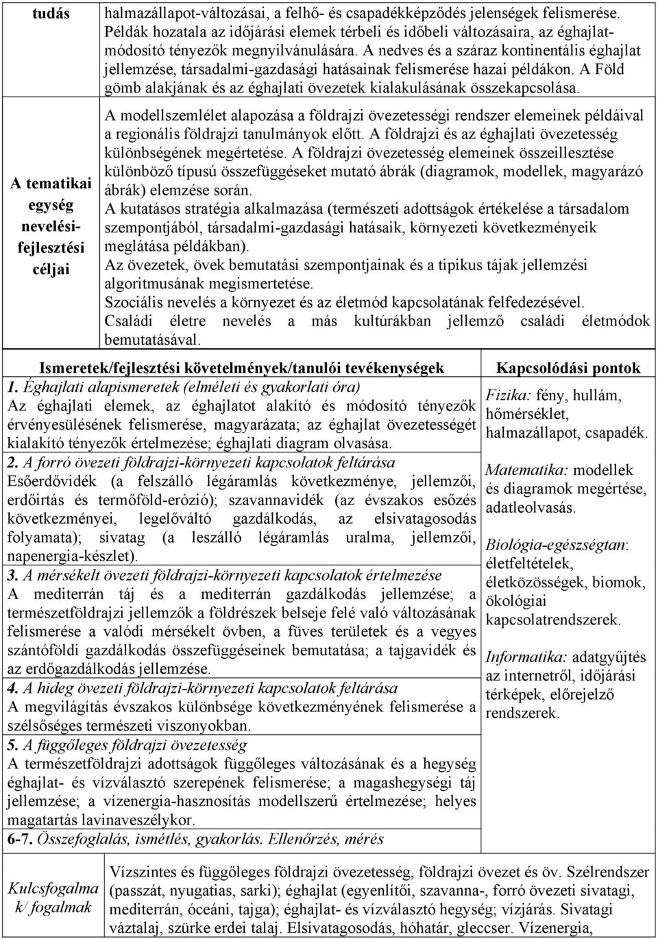 A nedves és a száraz kontinentális éghajlat jellemzése, társadalmi-gazdasági hatásainak felismerése hazai példákon. A Föld gömb alakjának és az éghajlati övezetek kialakulásának összekapcsolása.