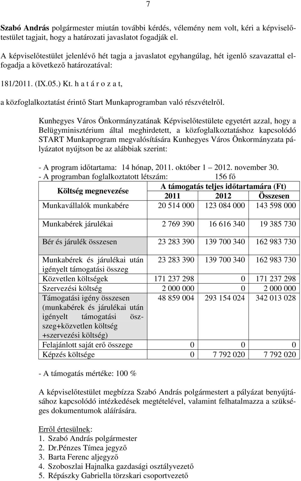 h a t á r o z a t, a közfoglalkoztatást érintő Start Munkaprogramban való részvételről.