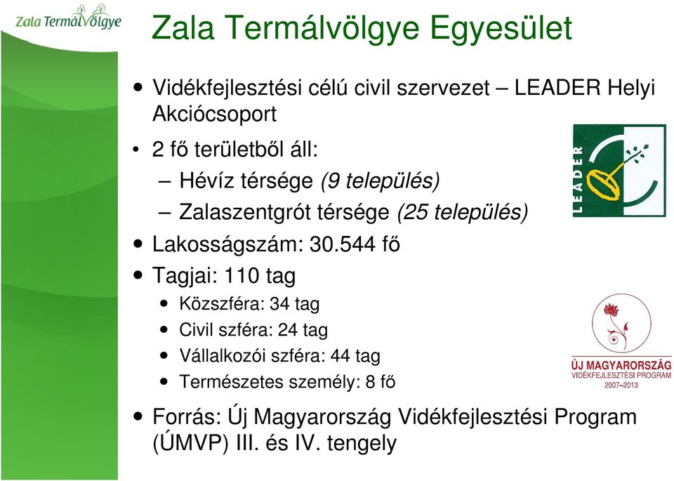 30.544 fő Tagjai: 110 tag Közszféra: 34 tag Civil szféra: 24 tag Vállalkozói szféra: 44 tag