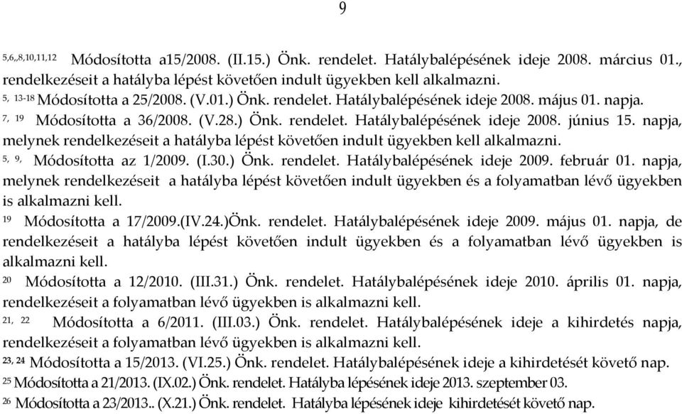 napja, melynek rendelkezéseit a hatályba lépést követően indult ügyekben kell alkalmazni. 5, 9, Módosította az 1/2009. (I.30.) Önk. rendelet. Hatálybalépésének ideje 2009. február 01.