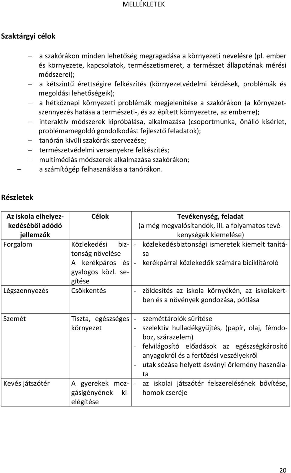 hétköznapi környezeti problémák megjelenítése a szakórákon (a környezetszennyezés hatása a természeti-, és az épített környezetre, az emberre); interaktív módszerek kipróbálása, alkalmazása