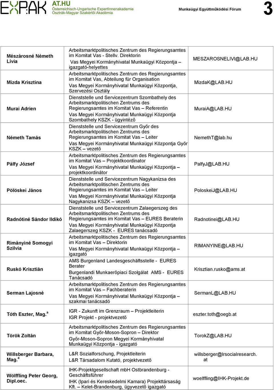 Direktorin Vas Megyei Kormányhivatal Munkaügyi Központja igazgató-helyettes im Komitat Vas, Abteilung für Organisation Vas Megyei Kormányhivatal Munkaügyi Központja, Szervezési Osztály Dienststelle